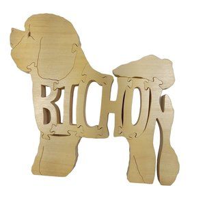 Bichon Dog Wooden Scroll Jigsaw Puzzle Figurine Art Wood USA Signed By Maker